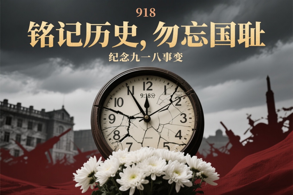 以纪念918事件为主题的海报，画面整体色调庄重肃穆，以深灰色和暗红色为主。中央是一个破碎的钟表，指针停留在9点18分，表盘上有裂痕，象征历史的铭记。背景是淡淡的战争时期建筑剪影，天空中有阴云，下方是一预览效果