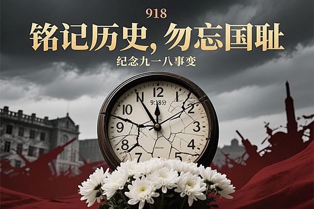 以纪念918事件为主题的海报，画面整体色调庄重肃穆，以深灰色和暗红色为主。中央是一个破碎的钟表，指针停留在9点18分，表盘上有裂痕，象征历史的铭记。背景是淡淡的战争时期建筑剪影，天空中有阴云，下方是一束白色的菊花，象征缅怀先烈。海报上方有“铭记历史，勿忘国耻”八个金色大字，下方有小字“纪念九一八事变”，整体构图对称，具有强烈的视觉冲击力和情感共鸣，细节丰富，高清画质，风格严肃庄重