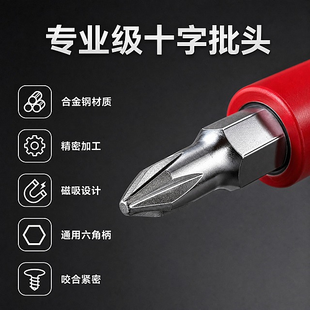 电商产品主图，一支中号十字螺丝刀批头45度角特写，金属银色十字批头，红色手柄。左侧竖排5个产品特点图标加文字：合金钢材质、精密加工、磁吸设计、通用六角柄、咬合紧密。深灰色背景，顶部大标题"专业级十字批头"。商业摄影质感，金属高光清晰。1:1正方形，2K分辨率，清晰锐利，无水印。