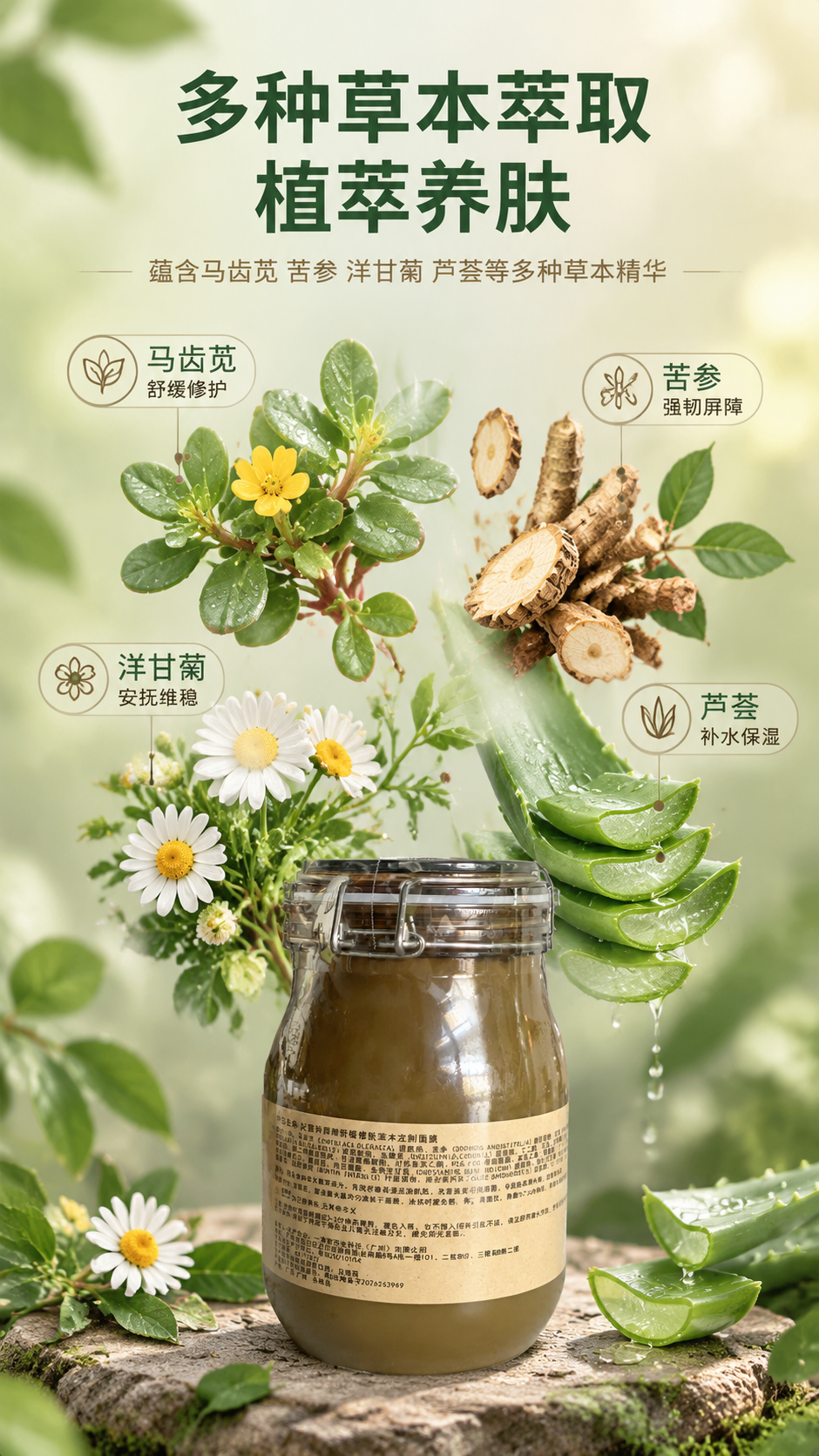 [主图-2] 核心功效成分解析 草本植萃面膜抖音主图。突出多种… - 图片创意预览