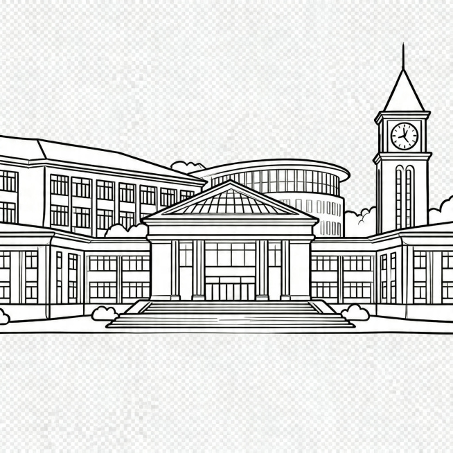 学校线稿图，png格式背景透明，简洁干净的线条，描绘大学校园学校建筑场景，黑白线稿风格预览效果