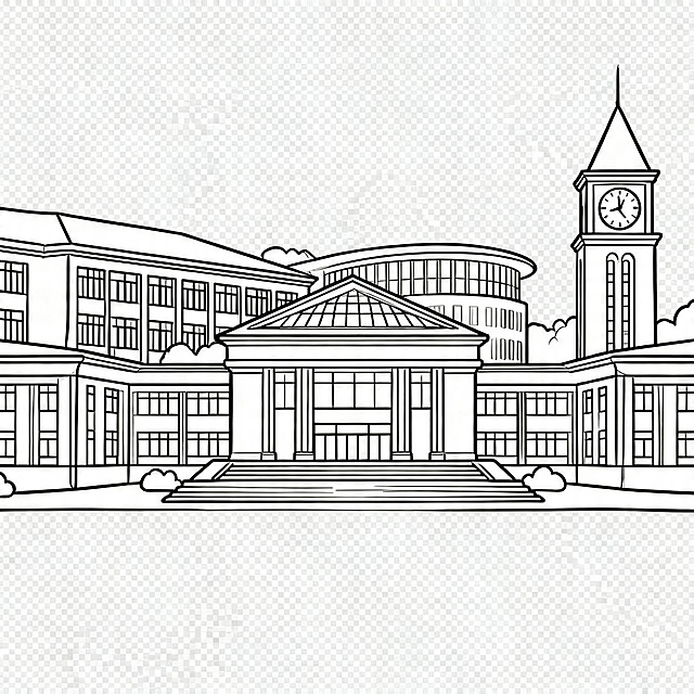 学校线稿图，png格式背景透明，简洁干净的线条，描绘大学校园学校建筑场景，黑白线稿风格