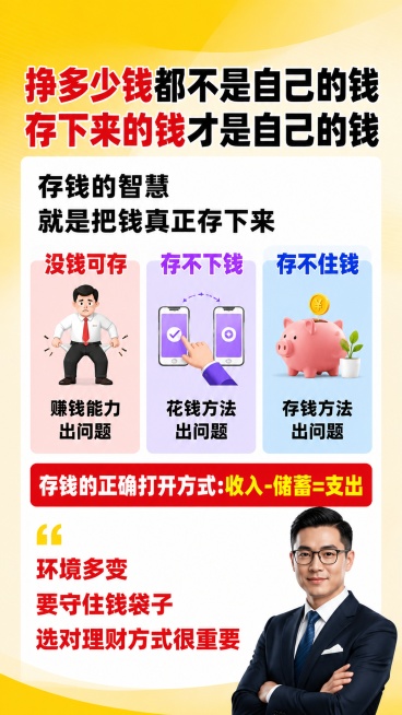 重新设计存钱智慧理财海报，保留原海报版式骨架，重新绘制图案且不能与原图完全一致，删除右下角水印，整体设计现代简约商务风，信息层级清晰。主标题为"挣多少钱都不是自己的钱"，副标题为"存下来的钱才是自己的预览效果