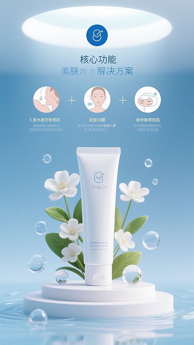 美妆产品宣传海报，整体采用清新通透的蓝白渐变色调，柔和的顶部光源营造出水润光泽感，3D立体展示的白色软管状护肤品置于圆形白色平台上，周围点缀白色花朵和绿色叶片，画面上方有产品核心功效的蓝色圆形图标与文字说明，中部包含分点介绍的肌肤问题示意图与解决方案，下方通过水滴、透明气泡等元素展现产品水润质地，搭配清晰易读的无衬线字体，整体排版层次分明，信息传达高效，符合护肤品针对敏感肌、追求温和清洁与保湿人群的宣传目的，保持相同设计风格与视觉元素，替换展示不同护肤品。