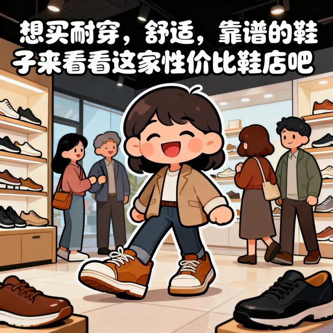 漫画风格，卡通顾客开心试穿舒适鞋子的场景，搭配文字"想买耐穿，舒适，靠谱的鞋子来看看这家性价比鞋店吧"，氛围亲切热闹预览效果