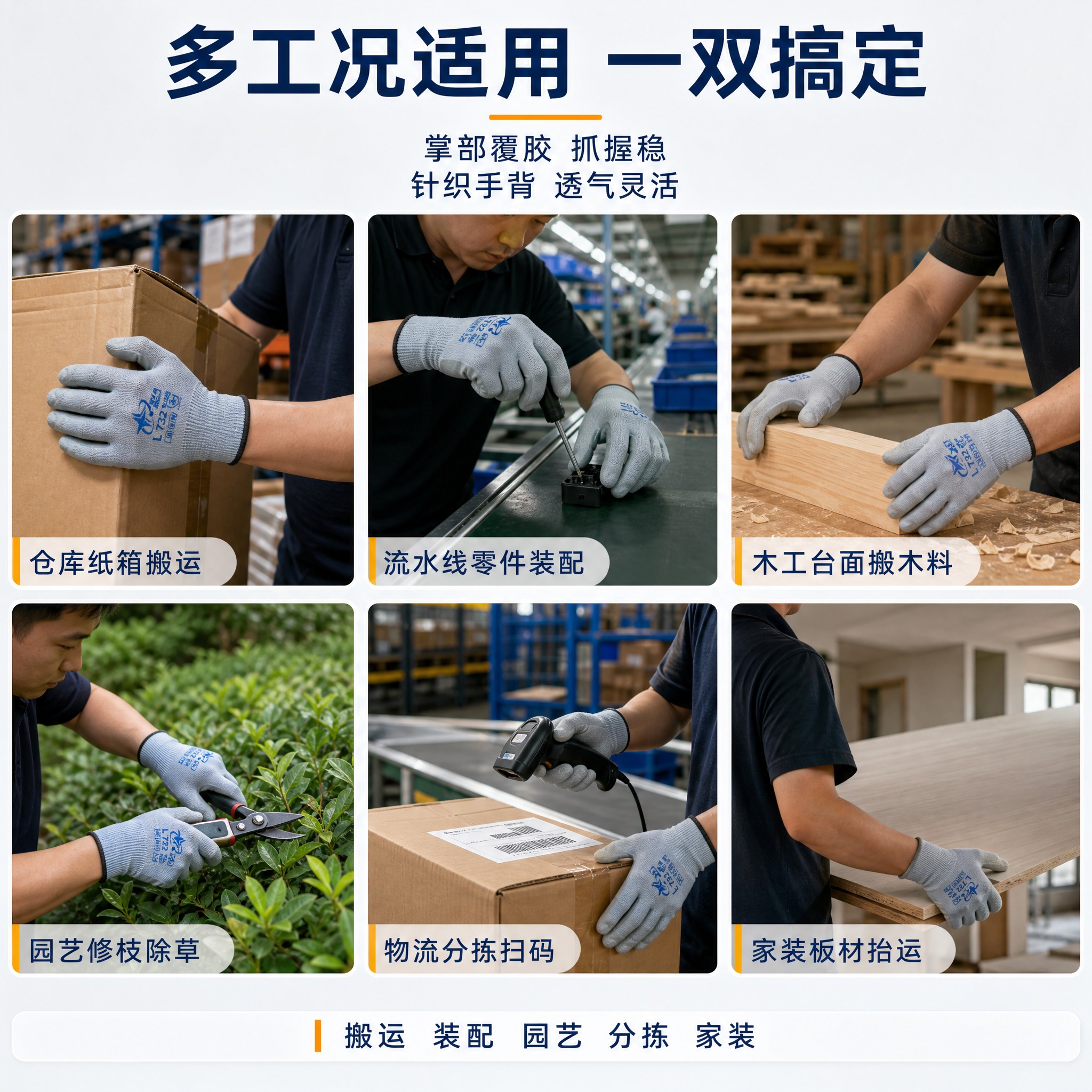 [主图4] 挂胶劳保手套（灰色掌部浸胶款）使用场景页，唯一任务… - 图片创意预览