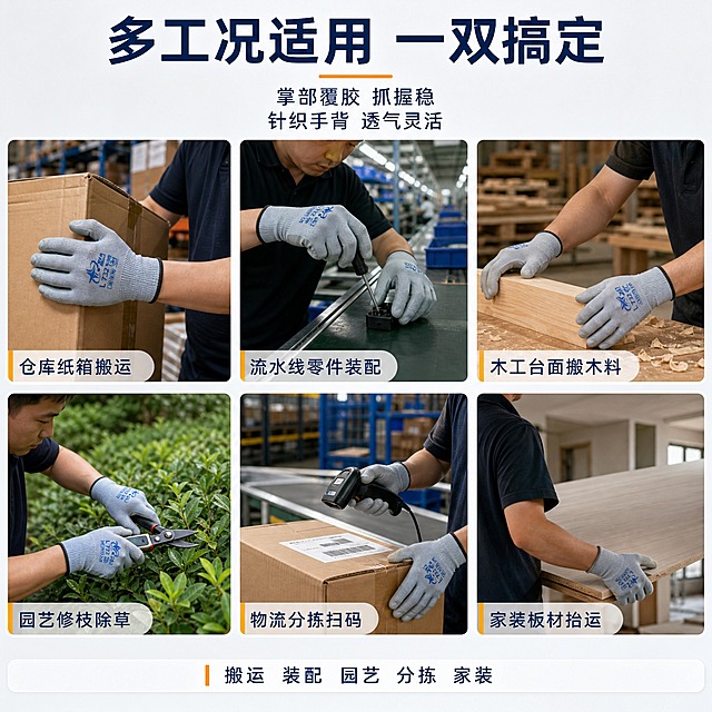 [主图4] 挂胶劳保手套（灰色掌部浸胶款）使用场景页，唯一任务：说明适合哪些工况、怎么用。画面：上部大标题，下方 2x3 六宫格场景分块，均为中国成年男性 30-45 岁工人的局部手部与工作区：仓库纸箱搬运、流水线零件装配、木工台面搬木料、园艺修枝除草、物流分拣扫码、家装板材抬运；每格贴一行小字标签，手套均为同一款灰色掌部浸胶手套，格与格之间留浅色均匀间距；背景为真实工况环境，不出现火花切割、重型破拆与大型机械维修。文字：顶部深墨蓝大字「多工况适用 一双搞定」，标题下两行小字「掌部覆胶 抓握稳」「针织手背 透气灵活」，底部通栏白色细条一行小字「搬运 装配 园艺 分拣 家装」。光影：场景内自然工作照明，手部与手套自然融入场景并保留真实接触影，不出现白底残留与悬浮感。配色与字体沿用本组统一基调：深墨蓝字配亮橙强调、白色半透明圆角块细描边、无厚重色块通栏。输出要求：1:1、2048x2048、2K 高清、中文清晰可读、手套与输入图一致；负向：变形、错字、模糊、水印、平台 Logo、多余手指、畸形手、融合手指、穿模、杂乱背景。