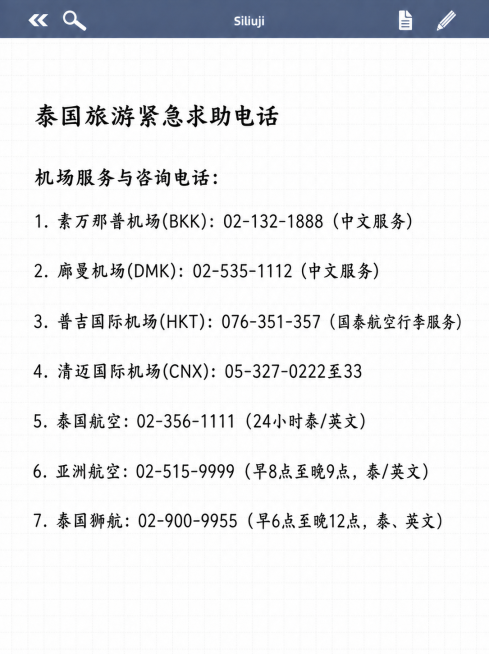保留现有网格笔记纸张样式，保留顶部导航栏，替换原有文字，添加以下清晰可阅读的新文字：泰国旅游紧急求助电话 机场服务与咨询电话：1. 素万那普机场(BKK): 02-132-1888(中文服务)2.廊曼预览效果