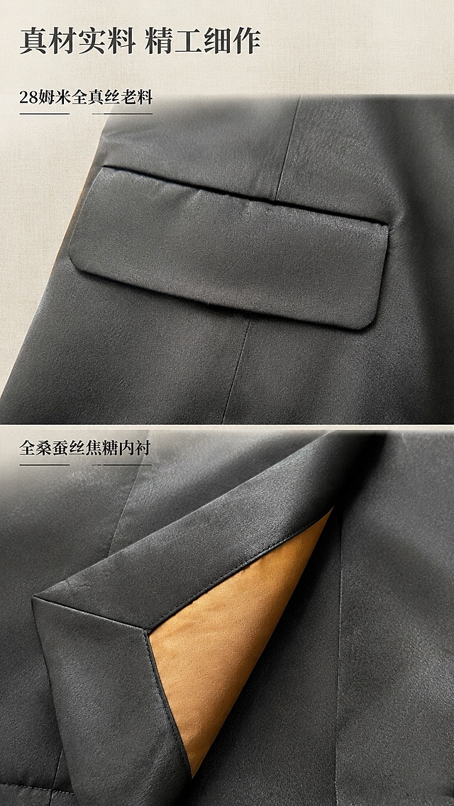 [第4屏] 面料工艺页-桑蚕丝香云纱面料与内衬细节展示。本屏使用【图7】【图8】展示口袋与内衬细节。
[氛围/风格] 特写质感风，微距展示面料纹理与工艺，突出高级材质感。
[元素布局] 页面分上下两部分，上半部分微距展示【图7】口袋缝线工艺，下半部分微距展示【图8】翻折后焦糖色桑蚕丝内衬，两张图各占约一半区域，保持原有细节、颜色和材质一致。背景为浅米色亚麻纹理底，衬托面料质感。
[光影质感] 柔和侧光突出面料纹理肌理，细节锐利清晰，明暗过渡自然，无硬阴影。
[配色色系] 全局底色 #f0ede8；主色黑色面料、焦糖内衬；文字深灰色，整体低饱和自然配色。
[视角构图] 双格宫格构图，上下各一张微距细节特写，信息展示清晰不拥挤。
[文字版式] 左上角标题「真材实料 精工细作」，下方两个小标题分别标注「28姆米全真丝老料」「全桑蚕丝焦糖内衬」，文字左对齐，不遮挡核心细节，排版简约高级。
[比例分辨率] 9:16竖版比例，4K分辨率，文字清晰可辨，高清画质。
[负向提示词] 变形，水印，文字错乱，文字过小，缺件错件，结构错误，颜色偏差，产品图模糊，背景杂乱。