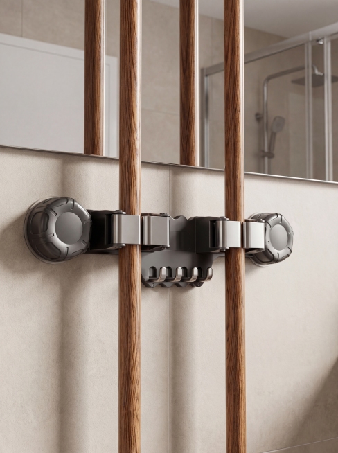 将这个枪灰吸盘式拖把夹收纳架放到浴室收纳场景里，安装在浅米色哑光墙面上，拖把杆卡在收纳架两个位置，背景添加浴室镜，侧光突出产品立体感，表现细腻材质：哑光塑料、亮面金属、原木纹理、不锈钢反光，去除环境杂预览效果