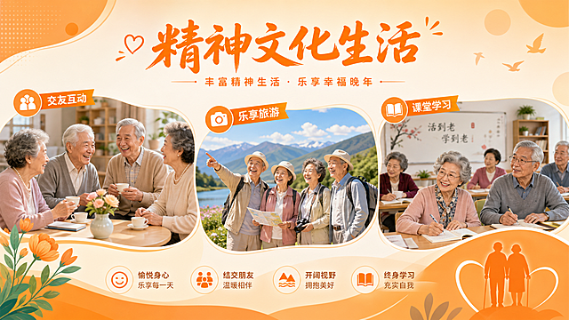 养老精神娱乐服务PPT配图，暖橙色活力风格，包含老人交友互动、旅游、课堂学习场景，标题"精神文化生活"