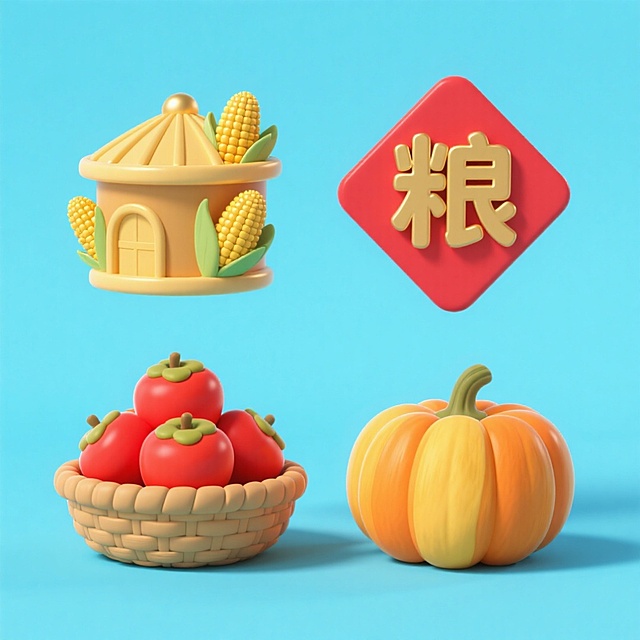 4个中秋素材组合，可爱电商促销感。素材包括：第一个粮仓（贴着带有 “粮” 字的红色菱形福字）；第二个一筐玉米；第三个一筐柿子；第四个南瓜。画面整体呈现鲜艳效果，淡蓝色背景。上下两行，排列整齐