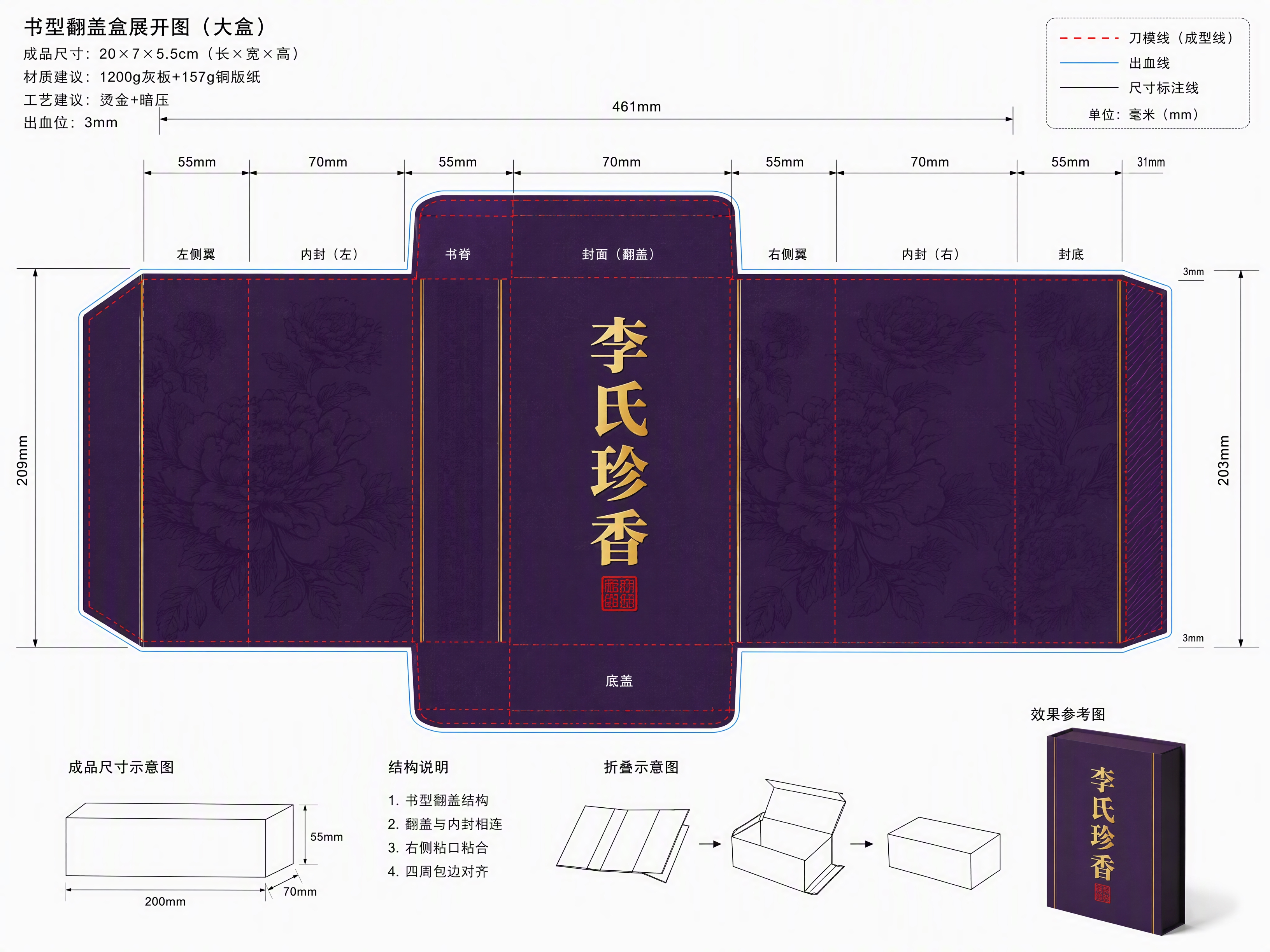 印刷包装平面展开图设计，大盒（书型翻盖盒，成品尺寸20*7*5… - 图片创意预览
