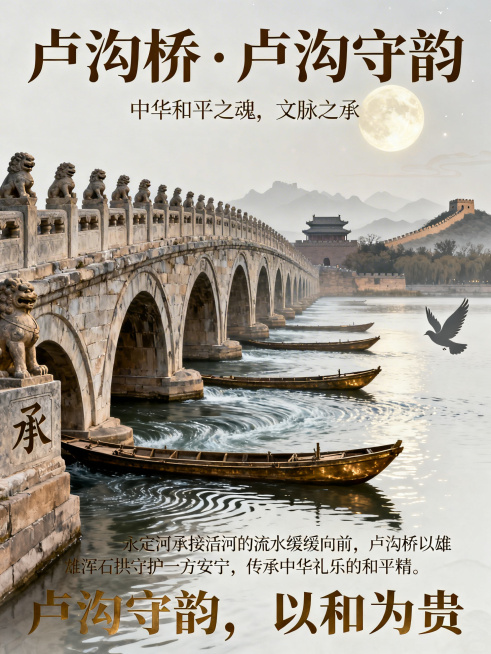中国风古风海报，主体是卢沟桥雄浑横卧永定河面，石拱壮观，桥栏石狮错落分布形态清晰，夜空晓月映照水面，流水沿对角线平稳流淌水面泛细碎波纹，背景融入燕赵质朴风貌，远处有古都轮廓和长城浅影，桥转角隐刻篆字"预览效果