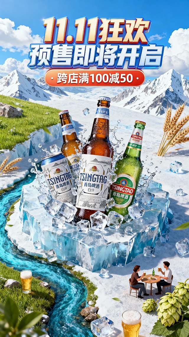 3D微缩艺术风融合虚拟现实场景，冰川溪流环绕青岛啤酒，粒子飞溅营造清爽梦幻感，冲击视觉，传递11.11狂欢预售的激情氛围。