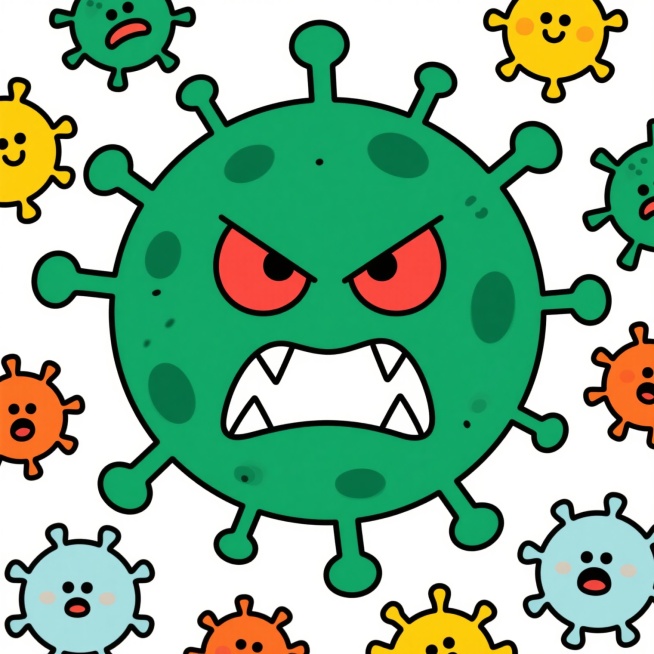 一张卡通风格的病毒主题插画，画面中央是一个大型绿色病毒，它有着红色的眼睛、尖锐的白色牙齿和愤怒的表情，周围分布着多个不同大小和颜色（绿色、黄色、橙色、浅蓝色）的小型病毒，每个病毒都有独特的卡通化面部表情，整体采用简洁的线条和鲜明的色彩，背景为纯白色，营造出一种略带威胁感但又不失童趣的氛围。预览效果
