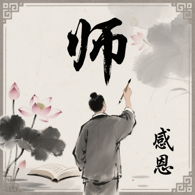 水墨画风，教师背影，手持毛笔书写“师”字，周围有盛开的荷花和摊开的书卷，浅灰底色，墨色自然晕染，右下角题“感恩”二字，整体呈现宣纸质感，边缘有古典纹样装饰，大师级构图预览效果