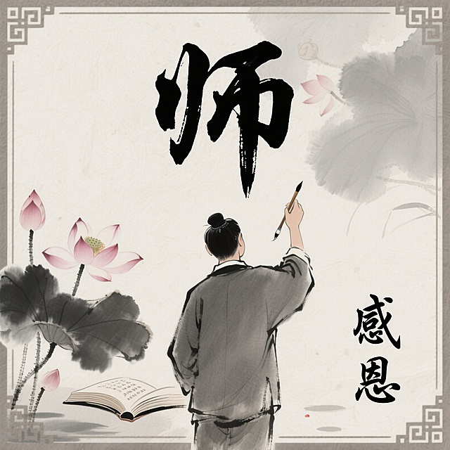 古典中式水墨风，大字“师”显韵味，印象画派荷花点缀，感恩之情跃然纸上。