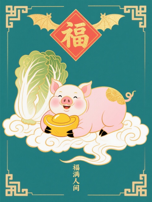 中国传统木版年画风格，拟人化猪抱金元宝躺祥云，背景白菜与福字，四角蝙蝠纹样，底部竖排“福满人间”，工笔重彩，粉白配金黄，金粉勾边，福气满满预览效果