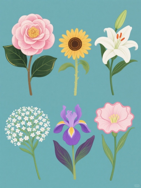 手绘插画风格的花卉系列素材集合，纯色背景，画面整体色彩变换丰富，六朵不同类目的花卉元素规整排布。第一朵是山茶花，花瓣层层叠叠，呈现出优雅的粉色渐变，花蕊为金黄色，叶片深绿有光泽；第二朵是小葵花，花盘圆形饱满，黄色花瓣呈放射状排列，花茎细长，叶片嫩绿；第三朵是百合花，白色花瓣舒展，花蕊为橙红色，花茎挺拔，叶片青翠；第四朵是满天星，细小的白色花朵簇拥在一起，形成蓬松的花球，绿色花茎纤细；第五朵是紫……预览效果
