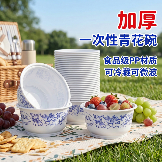 基于原图制作电商主图，将背景改为户外野餐场景，展示碗的户外使用场景，卖点文字“加厚”“一次性青花碗”“食品级PP材质”“可冷藏可微波”用活泼字体，放置在画面右侧预览效果