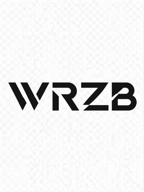 透明背景，平面艺术字体设计，4个字母主体文字"WRZB"，所有文字单行横向排列，现代极简风格，无衬线字体，几何切割设计，黑色主体，logo设计模板，仅包含4个字母："WRZB"，不得增加、遗漏或替换任预览效果