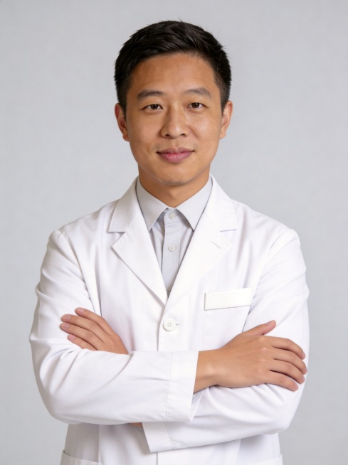 参考原图人物特征，将人物调整为完全正面角度，去掉蓝色领带，保留白大褂和浅灰色内搭衬衫，保持双手抱胸姿势，干净中性灰色背景，专业医生形象照，写实风格，画质清晰细腻，肤色自然预览效果