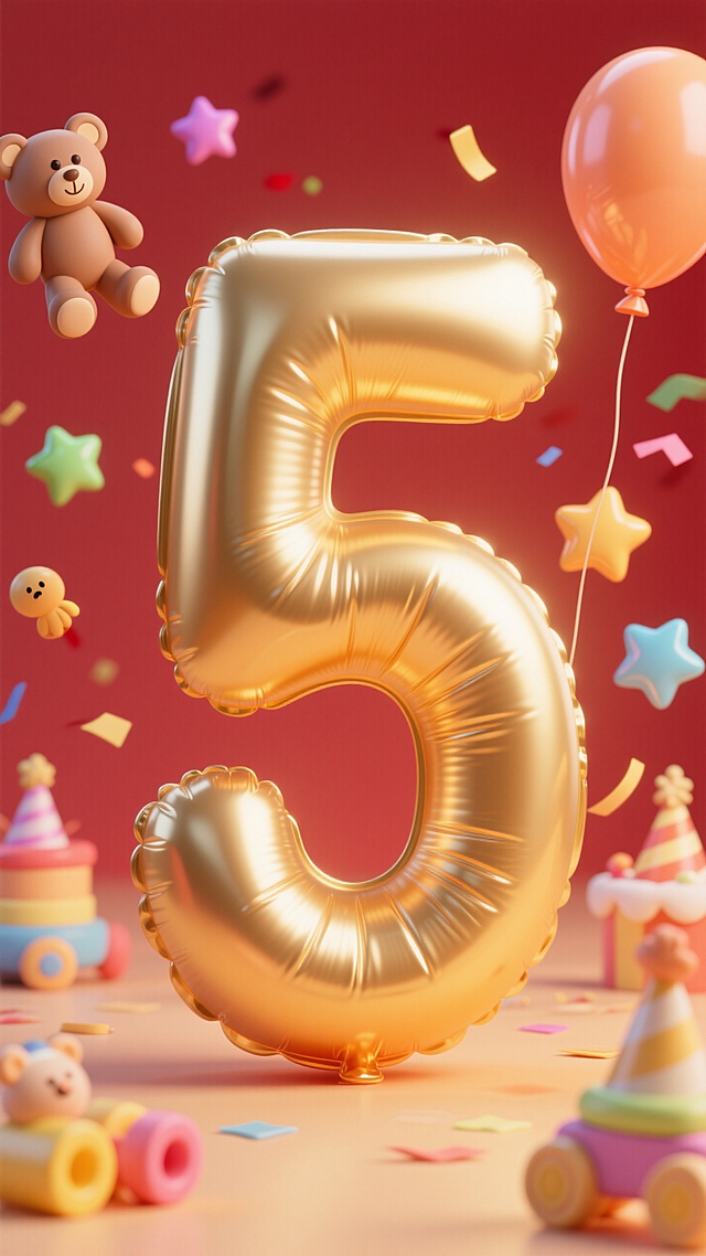 巨大的金色数字“5”的气球，可爱玩具元素悬浮在周围，暖色调，生日氛围，红色背景