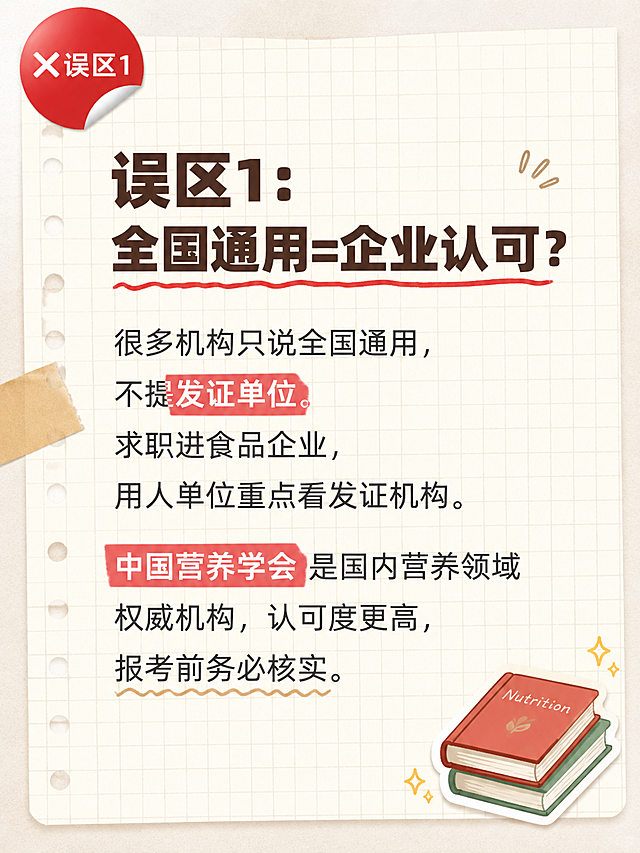 小红书笔记内页，手账拼贴风格，版式精美，小红书笔记内页质感，信息层级清晰。主标题逐字锁定：「误区1：全国通用=企业认可？」。正文内容：「很多机构只说全国通用，不提发证单位。求职进食品企业，用人单位重点看发证机构。中国营养学会是国内营养领域权威机构，认可度更高，报考前务必核实。」。背景：浅米色笔记纸纹理，带细网格线。文字样式：标题用深棕色粗黑体，正文用深灰色常规字体，关键词「发证单位」「中国营养学会」用红色高亮色块底。装饰：左上角红色圆形角标注「❌误区1」；右下角1个小书本emoji贴纸；手绘波浪下划线装饰重点句；左侧有胶带贴纸装饰。整体氛围：干货笔记、清晰好读、手账感。画质：高清细腻，文字清晰可读，四周留安全边距。画面比例3:4，4K。