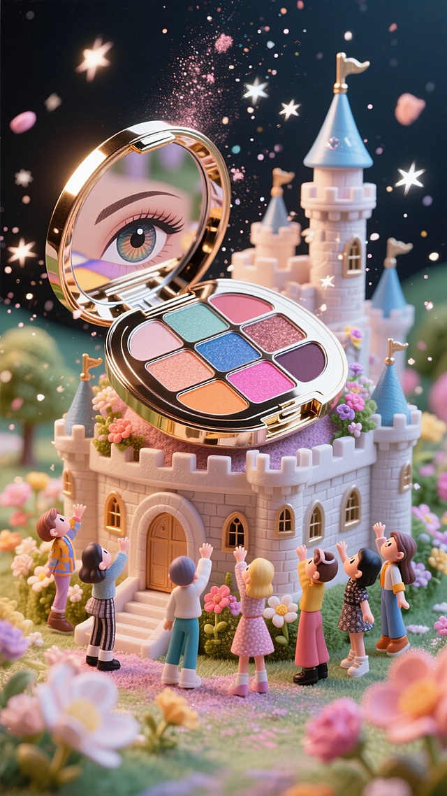 梦幻感与甜美感交织的微缩艺术风场景，3D卡通人物环绕城堡式眼影盘，镜中浮现大眼，粒子飘散如星河，重拟物设计搭配粘土质感，营造虚拟现实般的童话氛围。