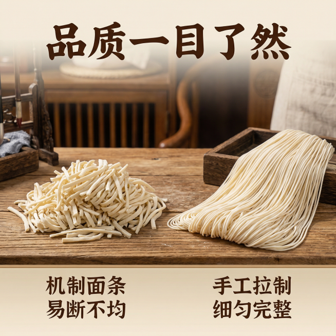 [主图 5 品质对比] 手工龙须面对比展示主图，左侧是普通机器龙须面，粗细不均容易断碎，右侧是我们的手工拉制龙须面，每一根都细匀完整，根根分明不断，通过对比凸显手工拉制的品质优势。背景是原木纹理台面，预览效果