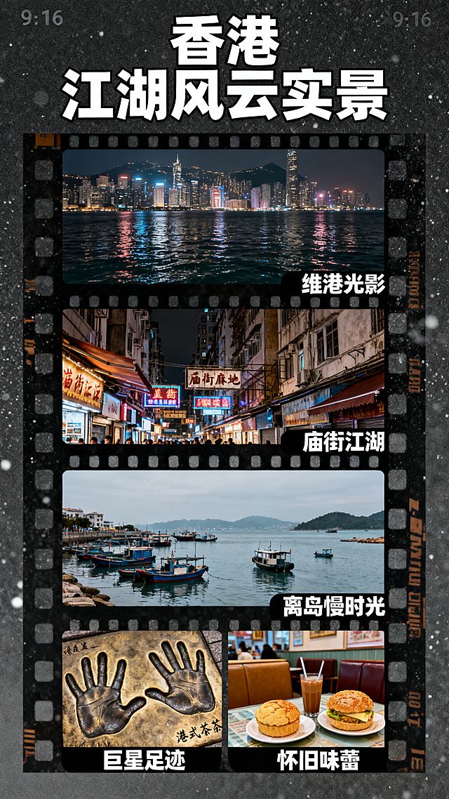 港澳双城游香港景点介绍页，竖版九比十六。电影胶片分镜风格，深色背景加颗粒质感。顶部标题：香港 江湖风云实景，白色粗黑体大字。画面采用胶片分镜布局，三张大图加两张小图交错排列。第一张大图：维多利亚港夜景，海面波光粼粼两岸灯火，下方标签文字维港光影；第二张大图：庙街油麻地霓虹街景，老香港街道氛围，下方标签文字庙街江湖；第三张大图：长洲岛渔村海边风光，渔船码头慢生活，下方标签文字离岛慢时光；第一张小图：星光大道明星手印，下方标签文字巨星足迹；第二张小图：港式茶餐厅内景，卡座奶茶菠萝油，下方标签文字怀旧味蕾。每格图片都有胶片齿孔边框。整体港风复古色调，颗粒质感。文字简洁黑体，无错字，无数字。