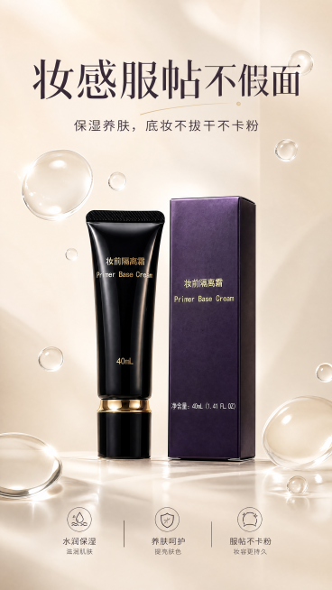 将产品放在画面中间，主标题：妆感服帖不假面，周围点缀几颗透明水润的水珠元素，柔光突出水润感，体现保湿养肤卖点，无多余杂物，背景简约干净，整体简约高级，文案短句：「保湿养肤，底妆不拔干不卡粉」预览效果
