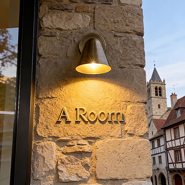 把图1的壁灯替换到图2的灯具位置，保持图2的石墙背景、文字“A Room”和小镇建筑环境不变，融合自然，光影匹配原图氛围