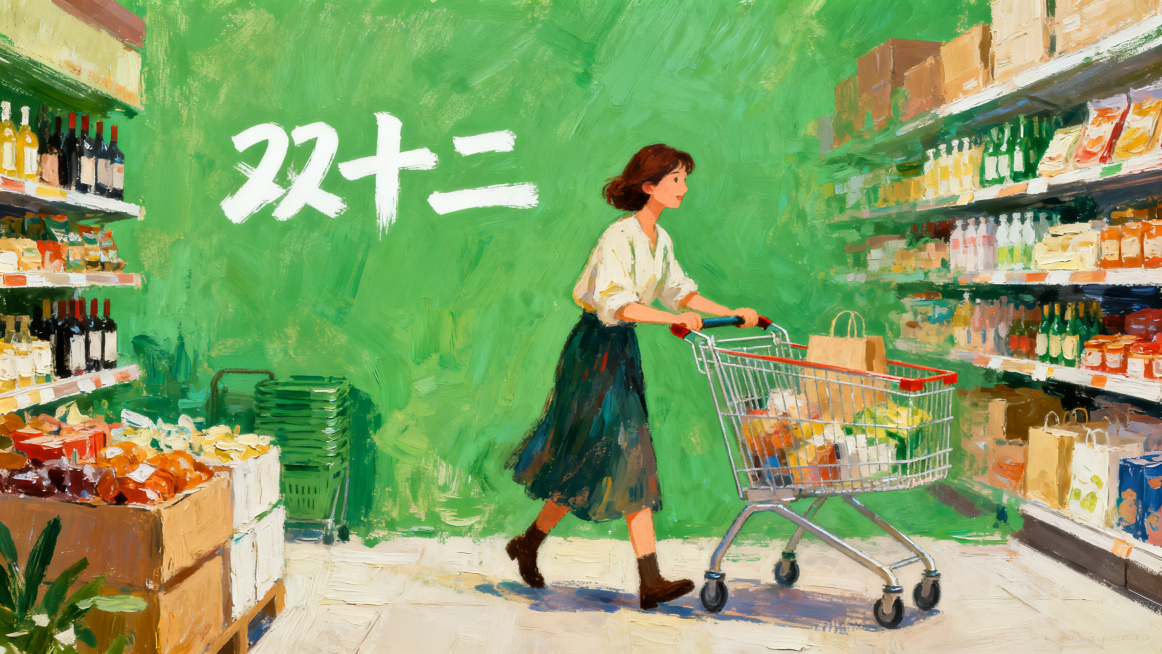 插画油画风格，手绘质感，双十二主题，一个女人推着购物小车的banner背景，整体色调以绿色为主，购物氛围浓厚，无文字预览效果