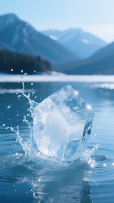 超写实摄影风格，清澈透明的冰块从蓝色水面中溅起，水花与冰晶在阳光下折射出耀眼光芒，背景是平静的湖面和远处朦胧的山脉，整体色调以纯净的蓝白为主，光线明亮柔和，营造出清冷、通透、宁静而富有生命力的氛围，冰块形态棱角分明，表面光滑带有自然纹理，水珠在冰面和水面上晶莹剔透，画面层次分明，近景冰块细节清晰，远景山峦虚化，展现出冰与水交融的动态瞬间。预览效果