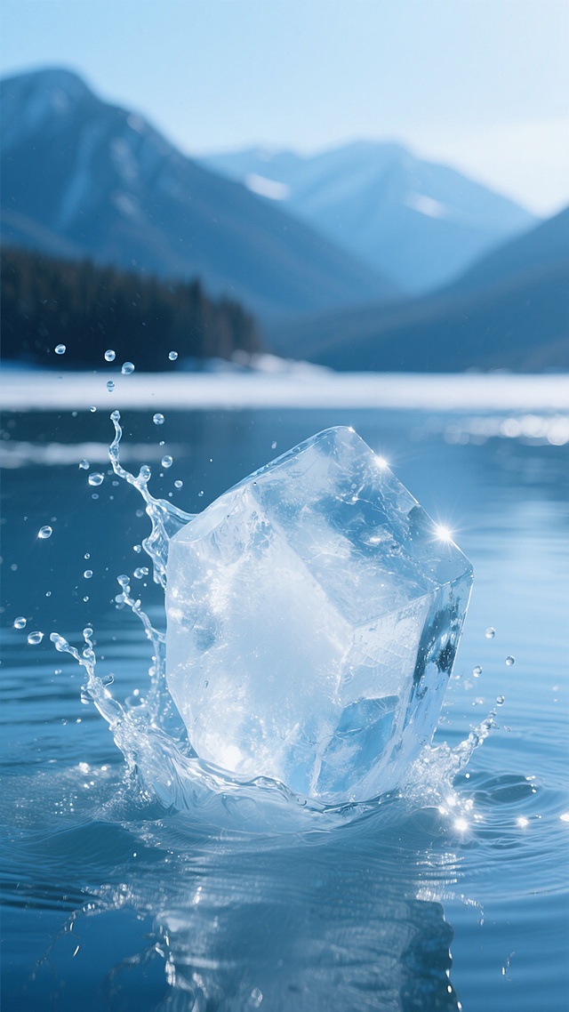 超写实摄影风格，清澈透明的冰块从蓝色水面中溅起，水花与冰晶在阳光下折射出耀眼光芒，背景是平静的湖面和远处朦胧的山脉，整体色调以纯净的蓝白为主，光线明亮柔和，营造出清冷、通透、宁静而富有生命力的氛围，冰块形态棱角分明，表面光滑带有自然纹理，水珠在冰面和水面上晶莹剔透，画面层次分明，近景冰块细节清晰，远景山峦虚化，展现出冰与水交融的动态瞬间。