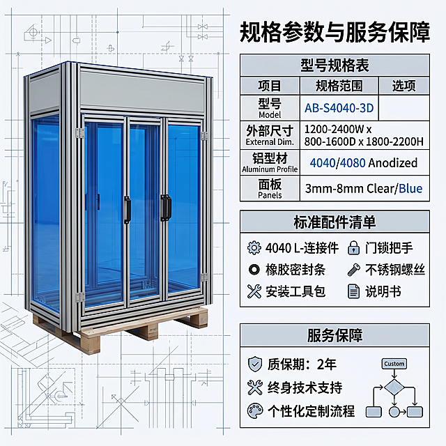 [主图-5] 铝型材框架防护罩规格参数与服务保障图。

[氛围风格] 专业技术文档风，信息密集但清晰；

[画质] 商业摄影质感、光线均匀通透、产品清晰真实、画面干净高级；

[元素] 左侧为产品主体完整图（占40%），右侧为参数与服务信息区：顶部为型号规格表（尺寸范围、铝型材规格、面板厚度选项），中部为配件清单（标准连接件、密封条、安装工具包），底部为服务保障（质保期、技术支持、定制流程）；背景为浅灰色技术图纸纹理；保持产品外观（即物理结构、材质质感、颜色）与输入产品图绝对一致，杜绝任何变形和色差，精细化处理。

[光影] 均匀工作室灯光，产品有适度高光，参数区域清晰可读。

[配色] 主色：银灰色铝型材+蓝色透明面板；辅色：浅灰背景+深灰文字+蓝色强调色。

[视角构图] 左右分栏布局;左侧产品图完整展示，右侧信息区层次分明；整体满版排布但不拥挤。

[文字版式] 顶部居中标题"规格参数与服务保障"（粗体）；左侧产品图；右侧三部分：1)规格表（表格形式）2)配件清单（图标+文字）3)服务保障（图标+简短说明）；所有文字清晰可读，关键信息用蓝色突出。

[比例分辨率] 1:1 比例，2k 分辨率；文字清晰锐利，画面超高清。

[负向提示词] 变形，水印，文字错乱3D渲染感过强，背景杂乱，产品模糊，廉价白底摆拍感。