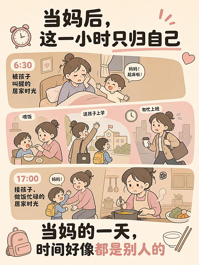 小红书流行扁平卡通碎片拼图插画，粗柔和轮廓，平涂低饱和配色，奶茶+浅粉+米白色调，碎片拼贴版式，女性生活情绪氛围感，竖版3:4，矢量插画风格，8K高清感。米白奶茶底色，多块不规则圆角碎片卡片拼接。顶部标题文字：“当妈后，这一小时只归自己”。碎片内分块卡通小画面：碎片1：6:30被孩子叫醒的居家小场景；碎片2：喂饭、送孩子上学、匆忙上班的简笔生活画面；碎片3：17:00接孩子、做饭忙碌居家画面。底部大slogan文字：“当妈的一天，时间好像都是别人的”。简约小图标点缀：闹钟、书包、碗筷简笔画。情绪偏向疲惫共情，全部中文排版整齐，圆润漫画粗黑体，文字清晰可读。负面约束：拒绝写实照片、拒绝日系二次元、无真人写实、无多余杂物、无水印、无签名、无伪中文乱码错别字、无高饱和刺眼色彩、无厚重阴影渐变。