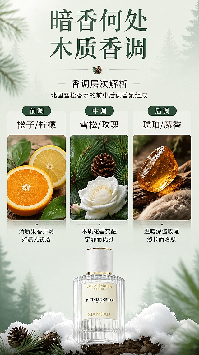 [第2屏] 香调层次解析，拆解北国雪松香水的前中后调香氛组成。本屏使用【图1】作为香水产品参考。
[氛围/风格] 自然森系简约风格，清晰信息排版，高级质感，森林氛围感。
[元素布局] 顶部大标题区，中部分为三栏分别展示前调、中调、后调，每栏搭配对应原料的实物微距图；底部放置缩小版香水产品图，居中放置；所有产品细节保持与原图一致。
[光影质感] 均匀柔和自然光，原料微距清晰锐利，文字信息清晰不发虚，整体干净通透。
[配色色系] 全局底色 #e8f0e8，主色松绿色；辅助色米白，深棕文字。
[视角构图] 纵向排版，从上到下依次信息分区，留白舒适，阅读动线清晰。
[文字版式] 顶部主标题「暗香何处 木质香调」，三栏分别标注：前调「橙子/柠檬」、中调「雪松/玫瑰」、后调「琥珀/麝香」，每个香调配一句简短体验描述，文字分区清晰，不遮挡原料图片，字号适中移动端可读。
[比例分辨率] 9:16 竖版比例，4K分辨率，文字清晰可辨，高清画质。
[负向提示词] 产品变形，文字错乱，文字过小，颜色偏差，水印，背景杂乱，结构错误