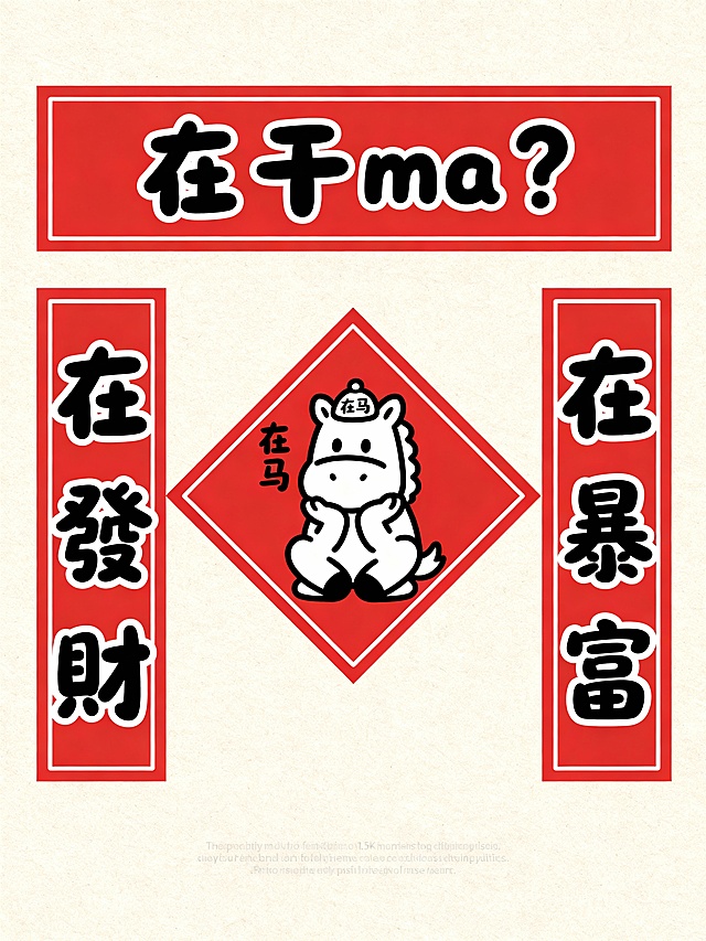 2026马年新春趣味春联套装，Q版极简手绘风格，高分辨率8K，商业级印刷画质，画面线条圆润，色彩饱和，细节拉满，整体氛围幽默、喜庆、年轻化

**整体布局**
包含四件作品（横批1件、竖联2件、福字斗方1件），背景为统一的正红色，搭配黑色细线条字体与卡通小马形象，整体置于浅米色背景上，底部有小字英文祝福。

**1. 横批（顶部长条幅）**
- **尺寸比例**：宽幅长方形，约3:1
- **背景**：正红色，边缘有0.5mm白色细边框
- **文字**：居中的黑色手写体卡通字体“在干ma？”，其中“ma”谐音“马”，呼应马年主题，字体圆润可爱，带点呆萌感

**2. 左竖联（左侧竖幅）**
- **尺寸比例**：窄幅长方形，约1:3
- **背景**：正红色，边缘有0.5mm白色细边框
- **文字**：竖排黑色手写体卡通字体“在發財”，字体与横批风格统一

**3. 右竖联（右侧竖幅）**
- **尺寸比例**：窄幅长方形，约1:3
- **背景**：正红色，边缘有0.5mm白色细边框
- **文字**：竖排黑色手写体卡通字体“在暴富”，字体风格统一

**4. 福字斗方（中心菱形幅）**
- **尺寸比例**：标准菱形，边长约为竖联宽度的1.5倍
- **背景**：正红色，边缘有0.5mm白色细边框
- **卡通形象**：占据画面中心的主角小马，造型极简，为白色轮廓线勾勒的简笔画风格，小马头上戴着有“在马”字样的小帽子，呈蹲坐姿态，双手托腮，表情呆萌可爱，与“在干ma？”的文案形成呼应
- **文字**：小马左侧有竖排小字“在马”，字体为黑色手写体



**视觉风格统一规范**
- **线条**：所有元素均为黑色细描边，线条圆润无棱角，符合极简Q版特征
- **色彩**：背景为正红色，文字与卡通形象为黑色，仅小马形象为白色线条勾勒，色彩对比强烈且喜庆
- **质感**：整体为平面手绘质感，无立体光影，色彩填充平整，适合印刷制作春联、福字贴、红包等
- **氛围**：整套作品以网络热梗“在干嘛？”为基础，谐音成“在干ma？”，结合马年生肖元素和“发财”“暴富”的新年愿望，营造出幽默、喜庆、接地气的春节氛围，精准贴合当代年轻人的社交习惯与玩梗文化