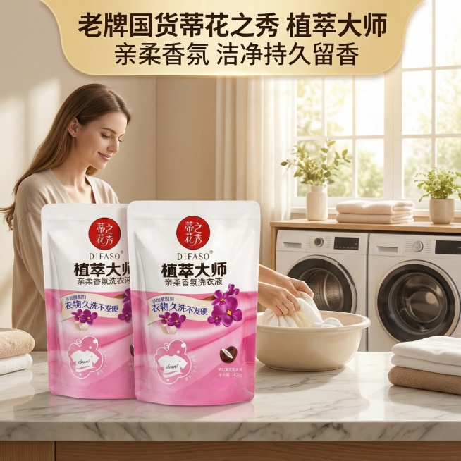 我是网店卖家，产品是我是网店卖家，产品是老品牌国货,蒂花之秀驰名商品袋装洗衣液，洗衣洁净，香味持久，根据你的经验帮我生成一个电商主图，提升一些洗衣液主体质感，切记不要出现网络违禁词,略微提升质感包装袋预览效果