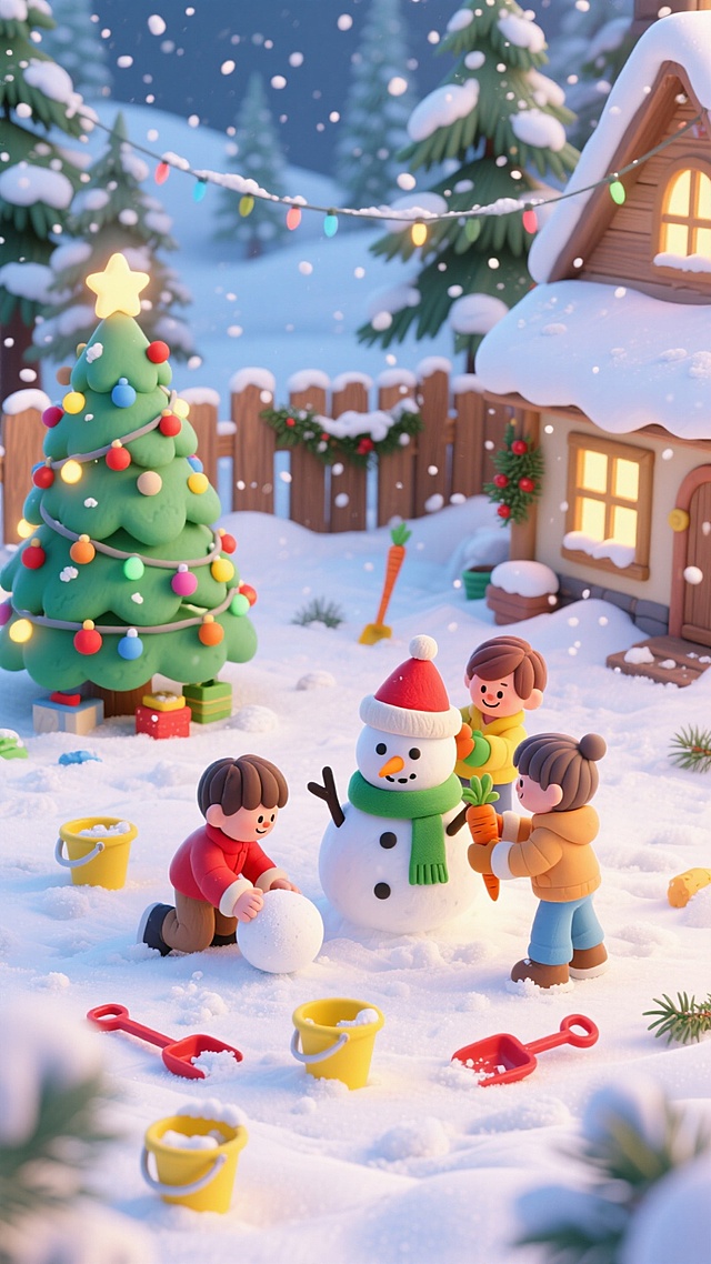 背景是白雪覆盖的乡村小屋，旁边有一棵装饰着彩灯和饰品的圣诞树。雪地中有四个孩子，一个在滚雪球，两个在堆雪人，另一个准备为雪人装上胡萝卜鼻子，雪人戴着红色圣诞帽、绿色围巾。周围有黄色水桶、红色铲子等玩雪工具，远处有松树林、木栅栏和挂着的松树枝，雪花飘落。