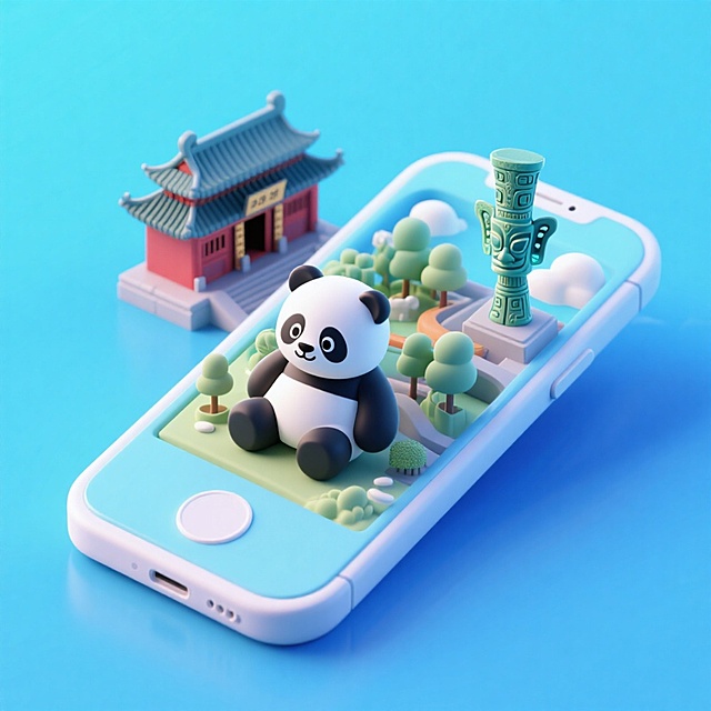 一个手机创意微缩场景，手机平放，侧面对着观众，手机俯视角度，立体的成都景观从屏幕内出来，有熊猫，三星堆，武侯祠，整体色调立体魔幻。青色背景。具有梦幻感,打光营造出柔和氛围强调梦幻和未来感的美学。