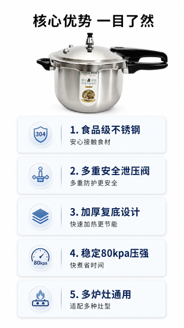[第2屏] 核心卖点总览，分点展示伊尔乐高压锅五大核心优势。
[氛围/风格] 简约实用风格，干净清晰，信息层级分明，商业设计感。
[元素布局] 本屏使用【图1】作为商品主体，产品小图放在画面上方，占据预览效果
