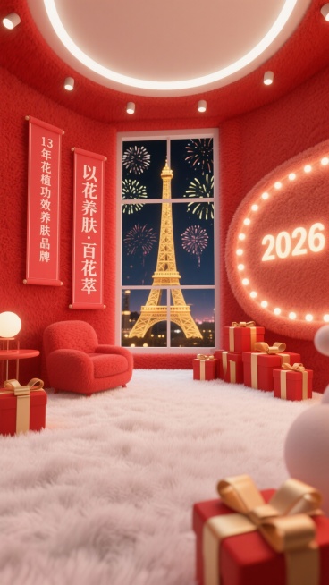 帮我生产类似十张，这是采用Soft3D可爱软萌3D风格打造的室内场景，以低视角仰拍的构图呈现，空间内墙面与天花板均覆盖红色毛绒材质，地面铺着蓬松的白色长毛绒地毯；左侧墙面悬挂两幅红色竖幅卷轴，印有白色预览效果
