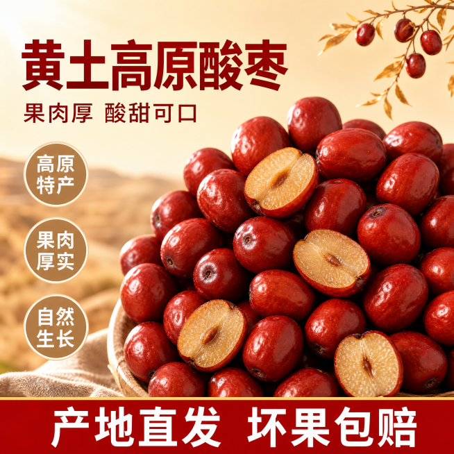 [单张主图] 黄土高原酸枣，爆款促销感主图，同时承担点击、理解、信任、转化，3秒传达产品核心卖点。
[画面主体] 画面主体是饱满红润的黄土高原酸枣，部分酸枣切开展示厚实果肉。保持酸枣外观颜色、大小、质预览效果