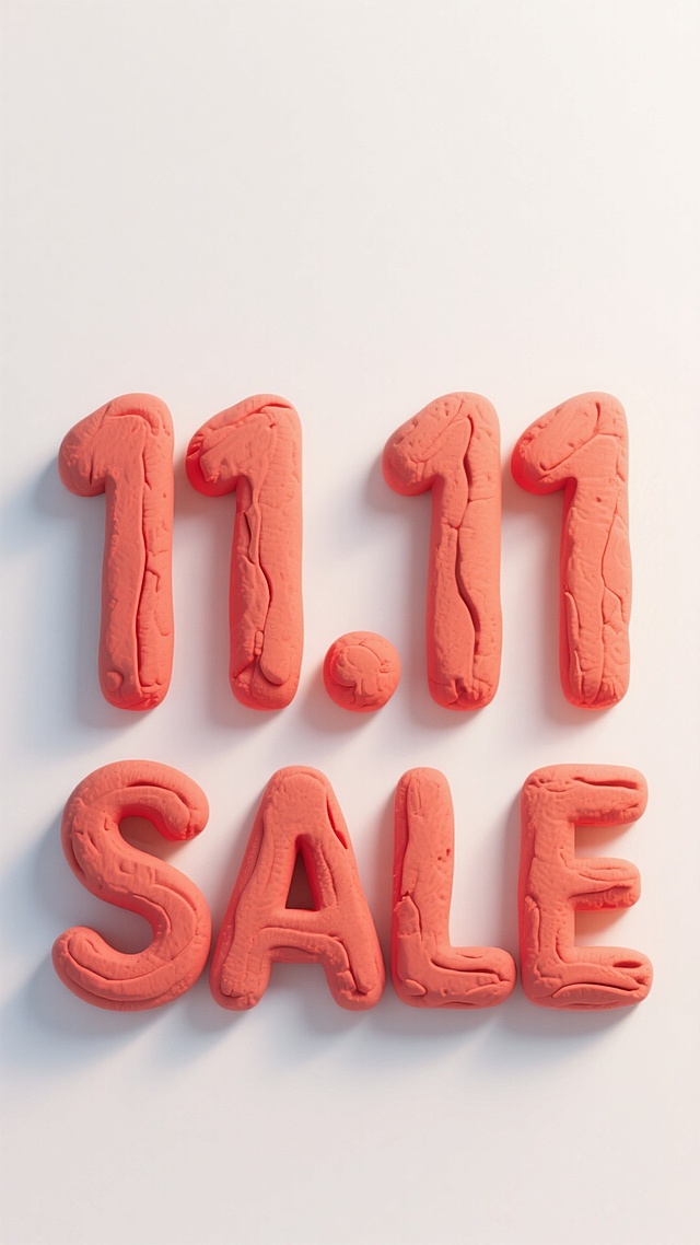 粘土风软3D字体，重拟物质感呈现11.11促销，强体积感与触觉体验，营造趣味十足的购物节氛围。