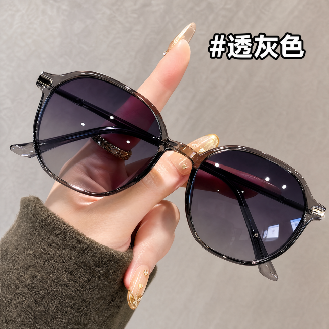 [主图-1] 抖音爆款风格太阳镜主图；[氛围风格] 高级简约时尚感，突出产品质感与佩戴效果；[画质] 商业摄影质感、光线柔和通透、产品清晰真实、画面干净高级；[元素] 保留image1中的透灰色太阳镜预览效果