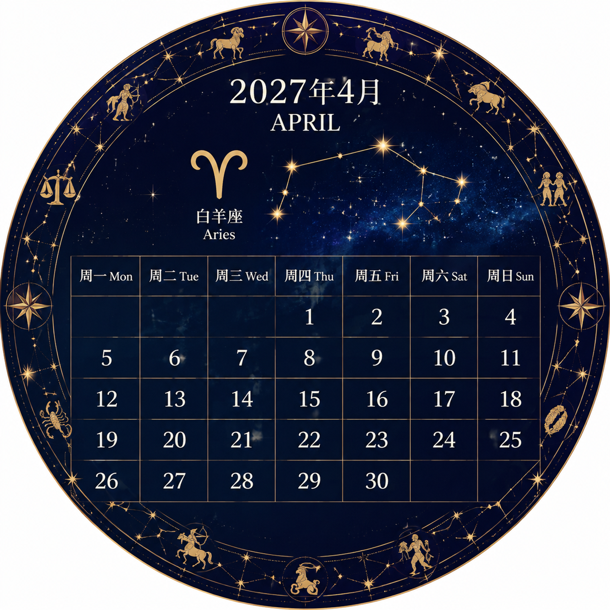 2027年4月圆形星座日历，正圆形构图，深蓝星空背景带金色星点… - 图片创意预览